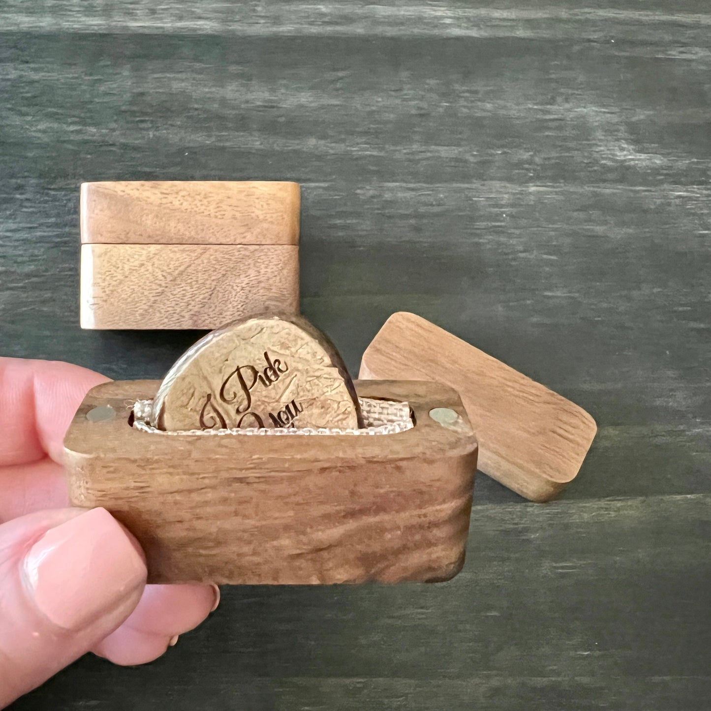 Custom Engraved Bone or Wood Guitar Pick with Wooden Magnetic Box
