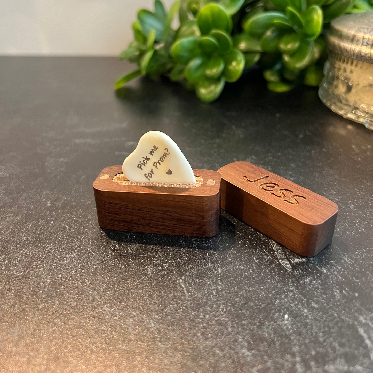 Custom Bone Guitar Pick – Heart-Shaped with Leather Pouch or Wood Box