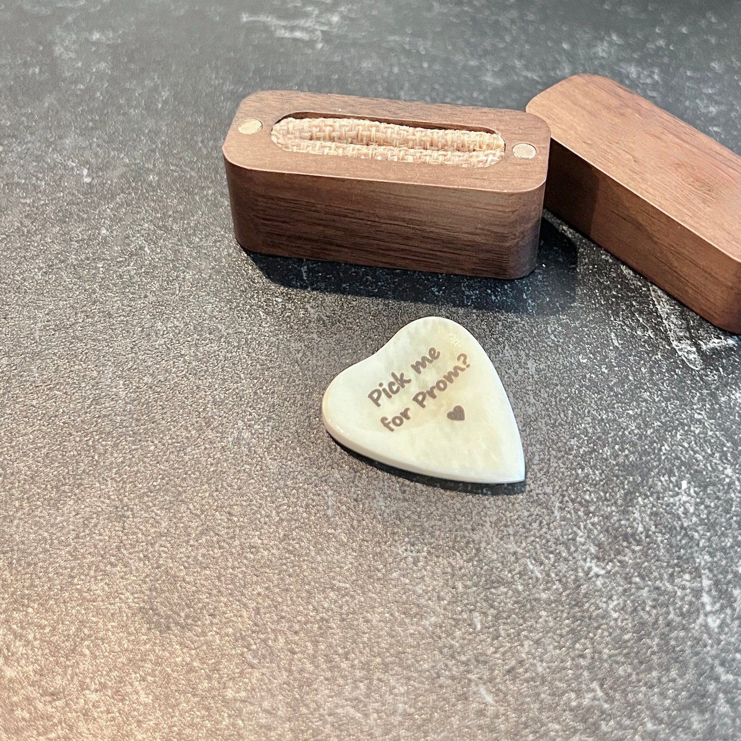 Custom Bone Guitar Pick – Heart-Shaped with Leather Pouch or Wood Box