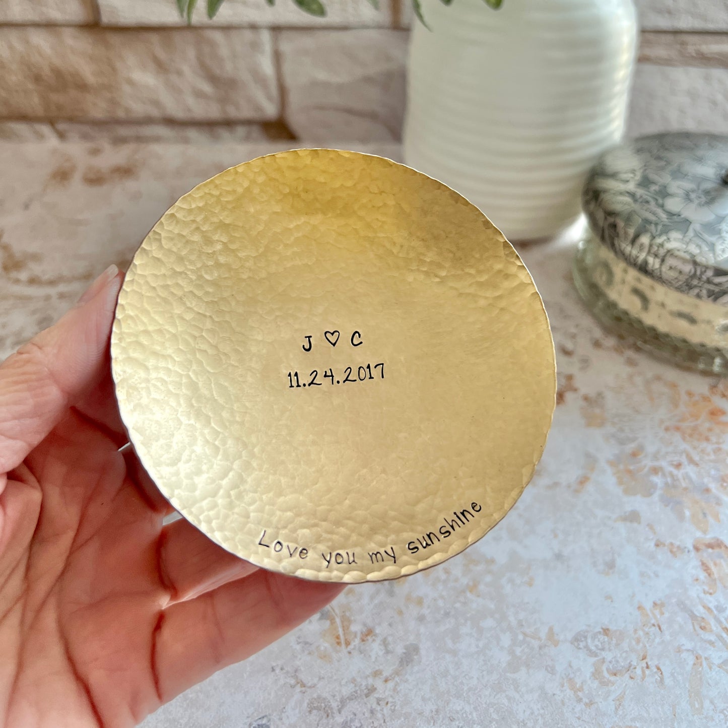Personalized Bronze Ring Dish - Round, Hammered & Custom Stamped