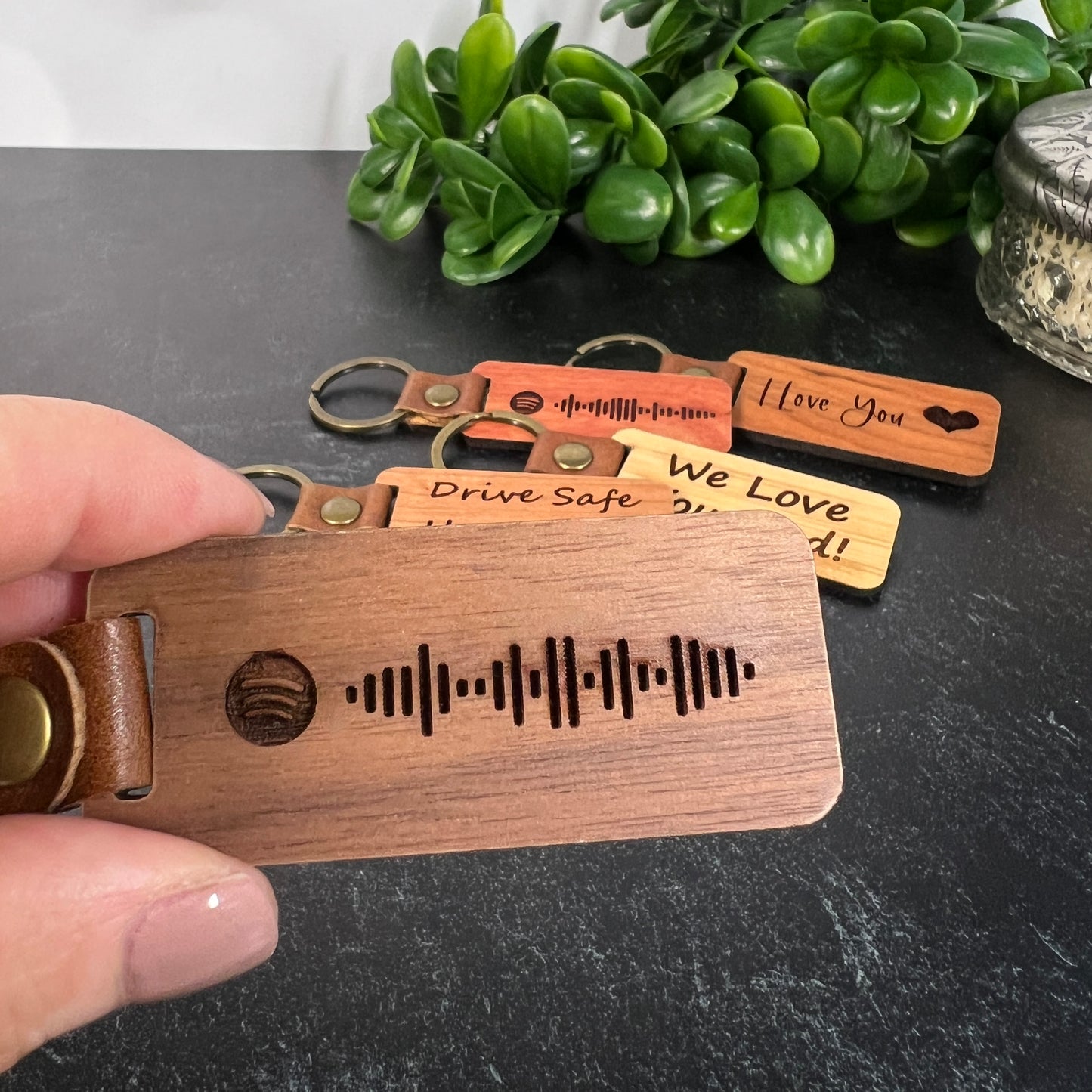 Custom Engraved Wood Keychains – Walnut, Cherry, Bamboo, or Rosewood Favor