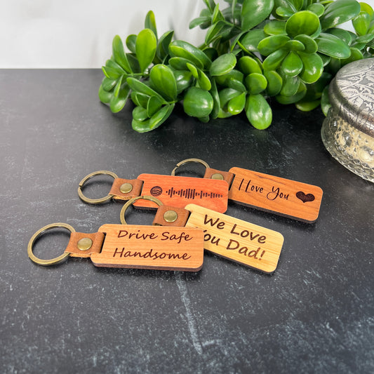 Custom Engraved Wood Keychains – Walnut, Cherry, Bamboo, or Rosewood Favor