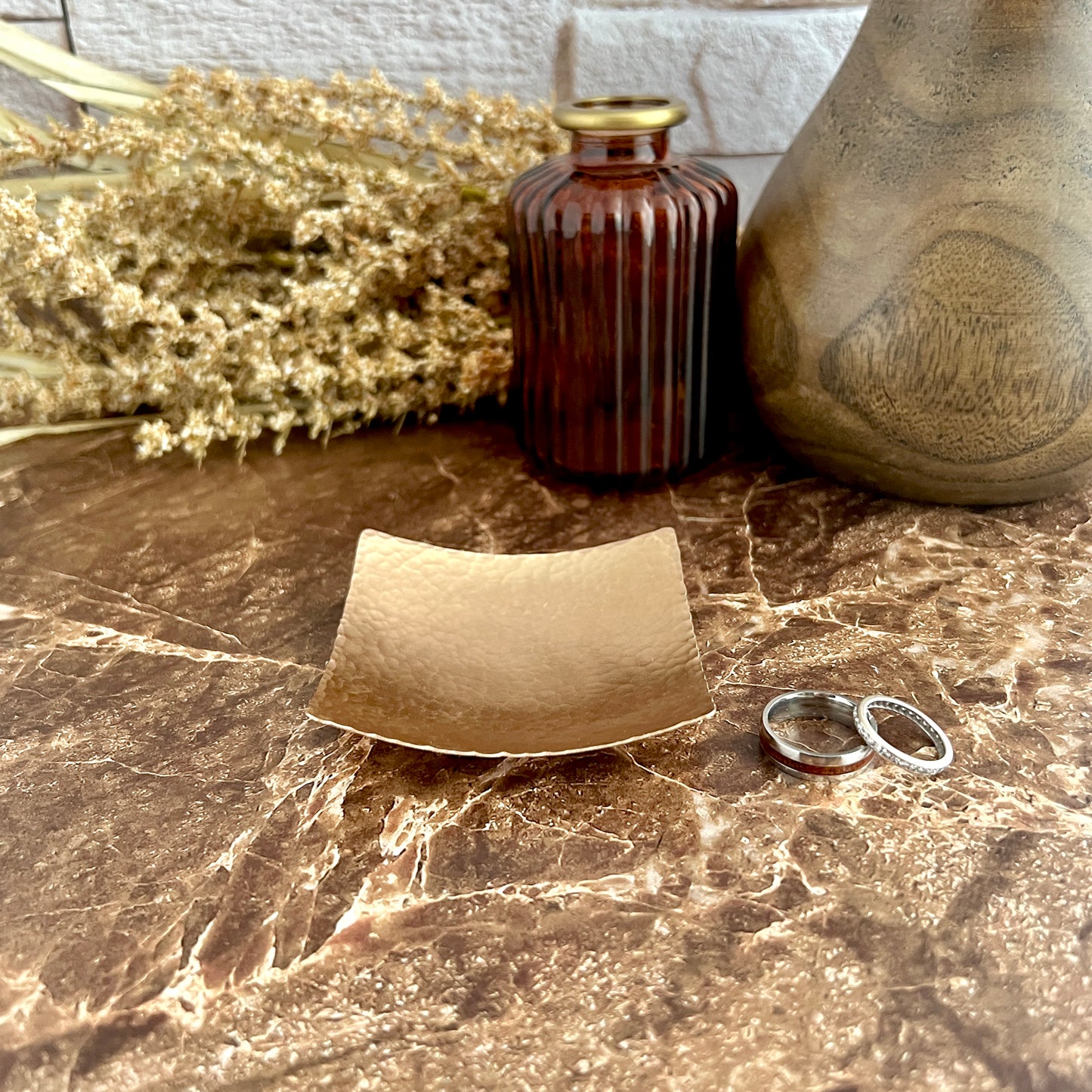 Square Bronze Ring Dish - Hammered & Custom Stamped