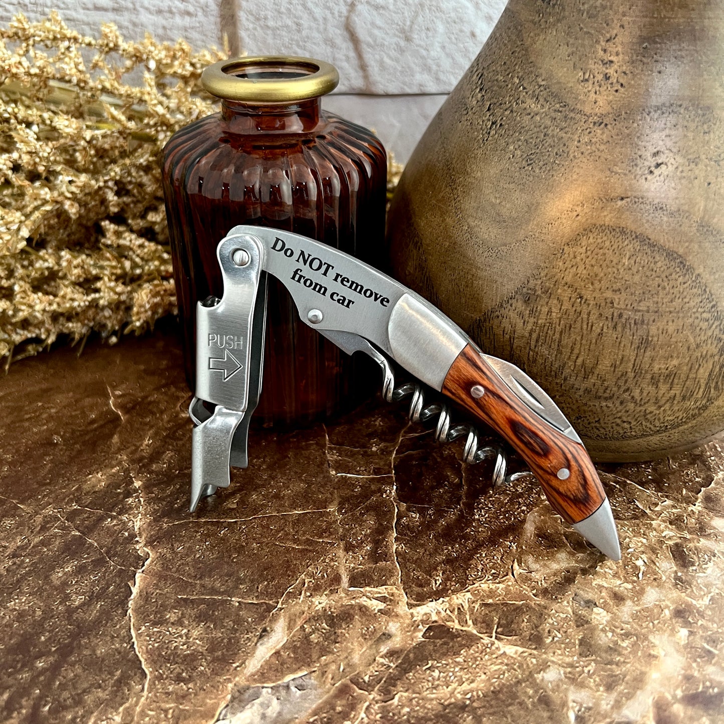 Custom Engraved Wood & Stainless Steel Corkscrew with Leather Case