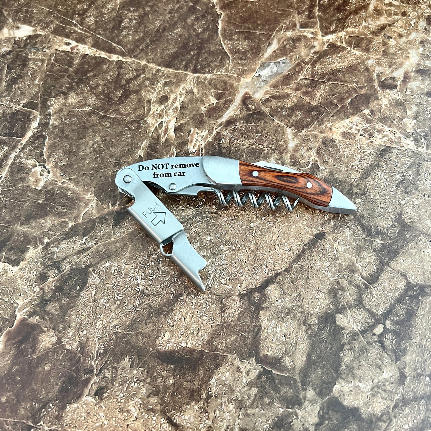 Custom Engraved Wood & Stainless Steel Corkscrew with Leather Case