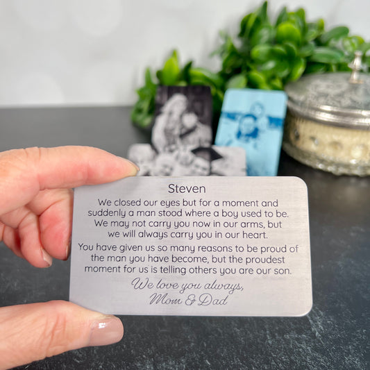 Custom Metal Wallet Card for Son with Leather Gift Pouch