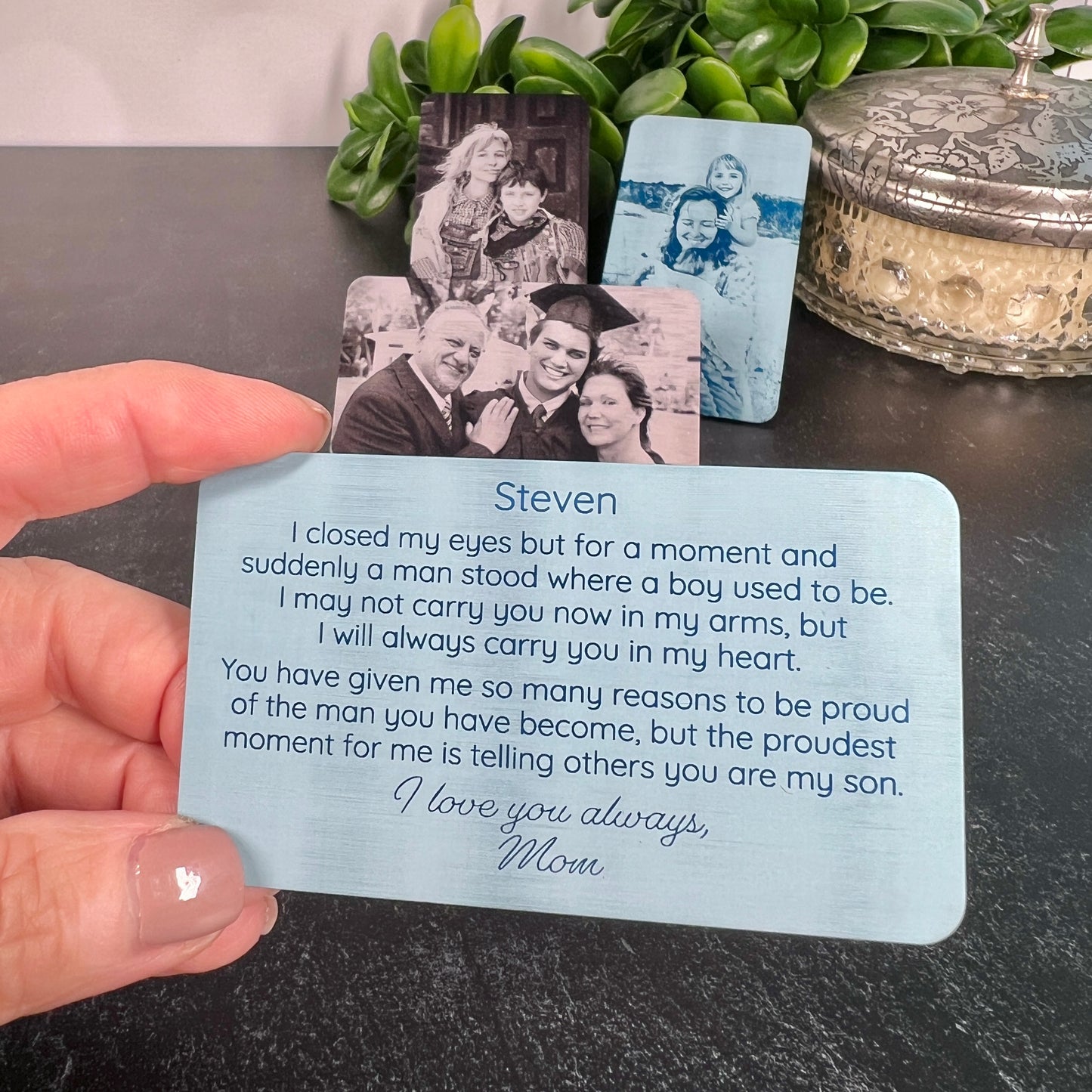 Custom Metal Wallet Card for Son with Leather Gift Pouch