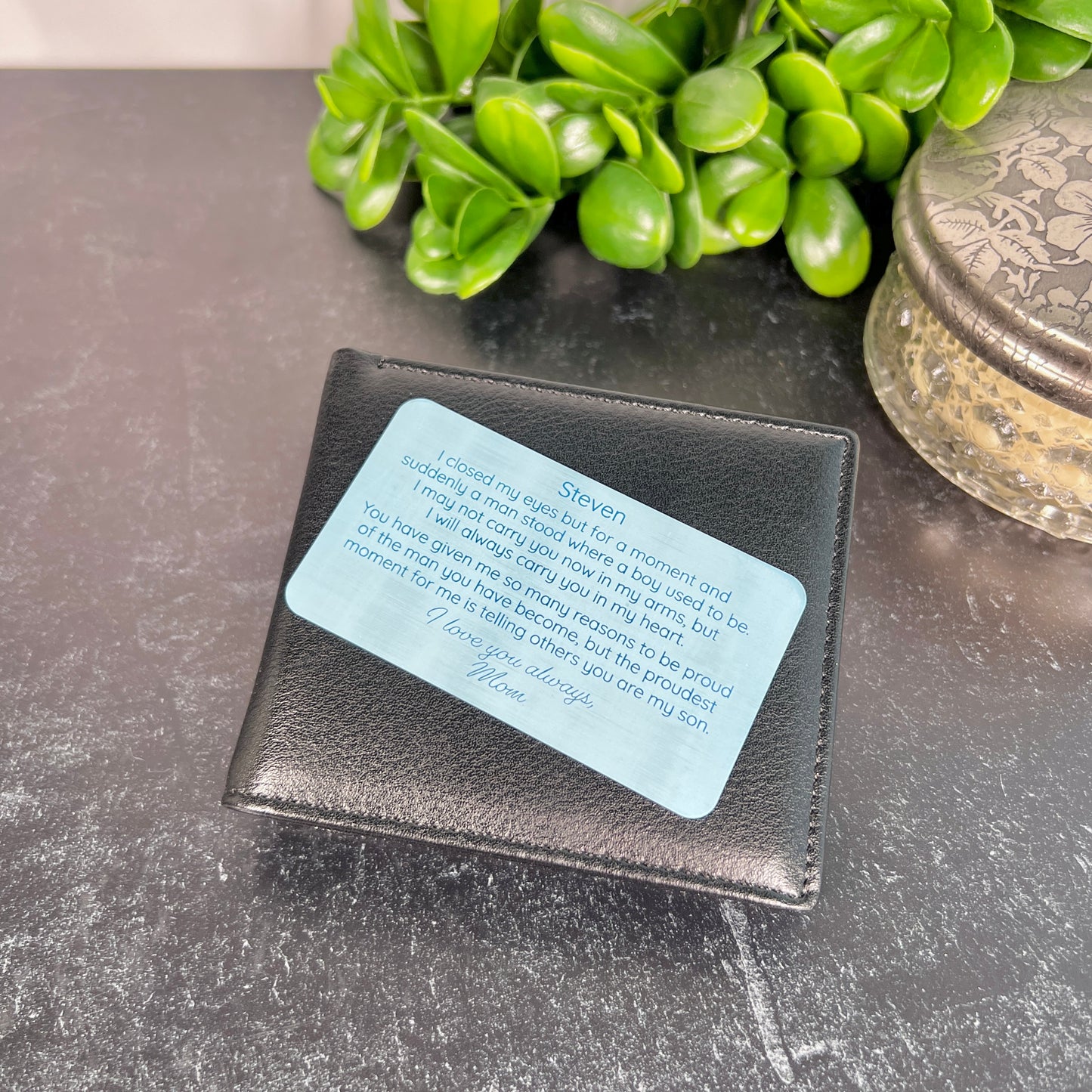 Custom Metal Wallet Card for Son with Leather Gift Pouch