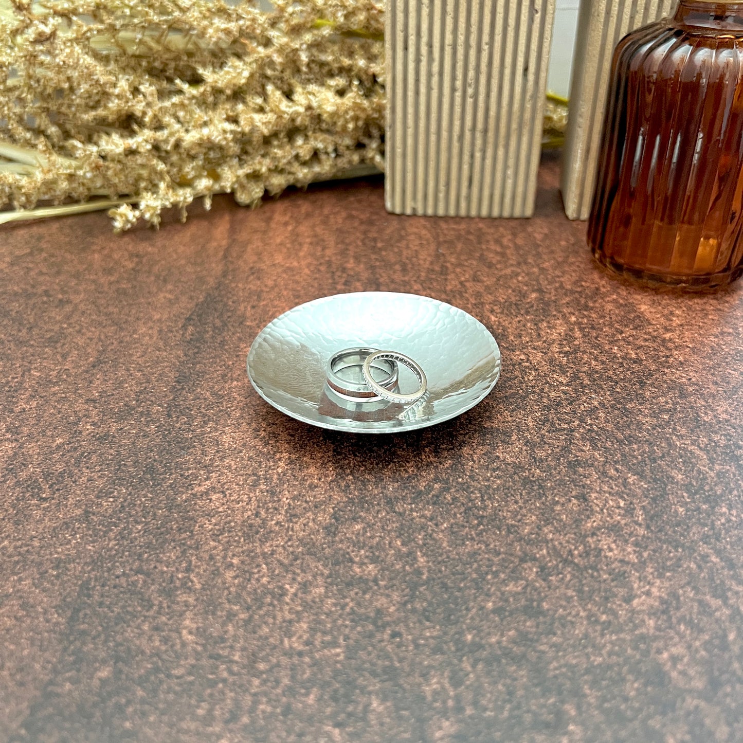 Personalized Pewter Ring Dish - Round, Hammered & Custom Stamped