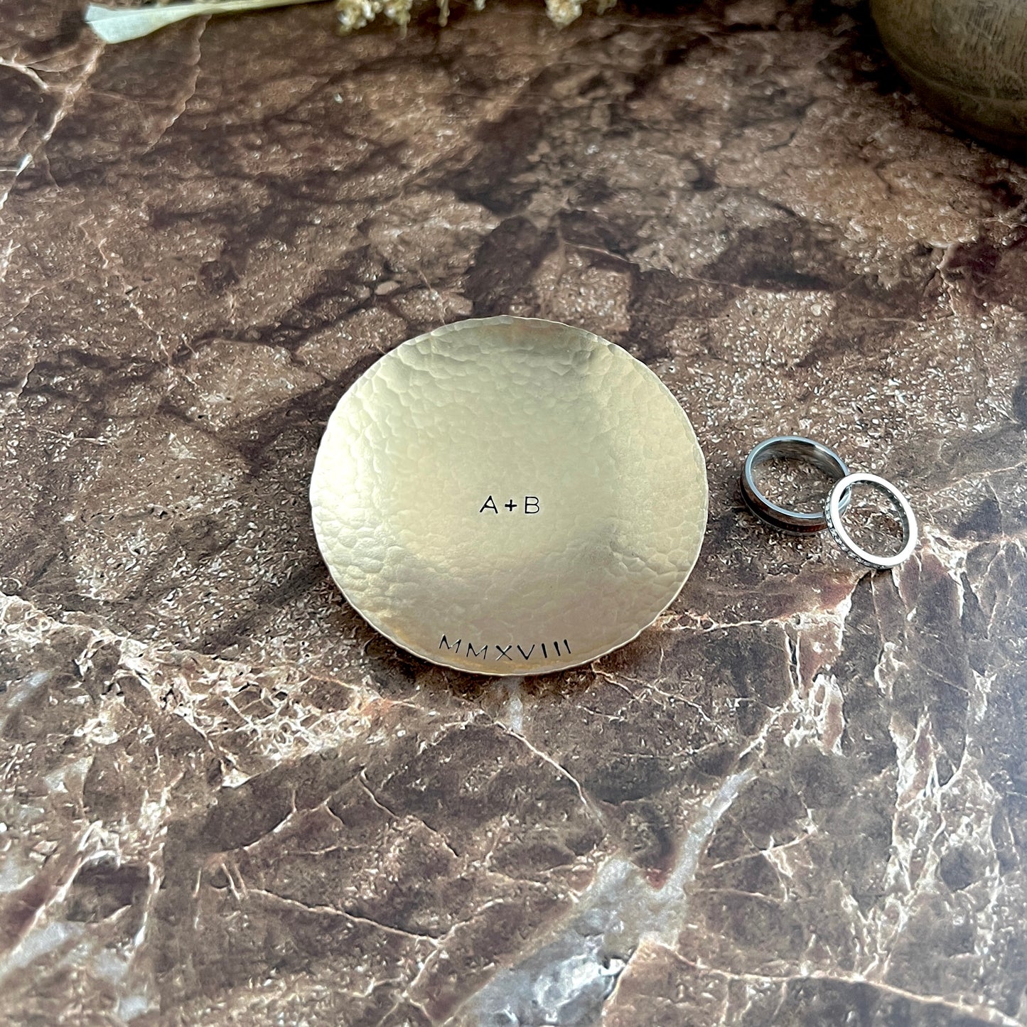 Personalized Bronze Ring Dish - Round, Hammered & Custom Stamped