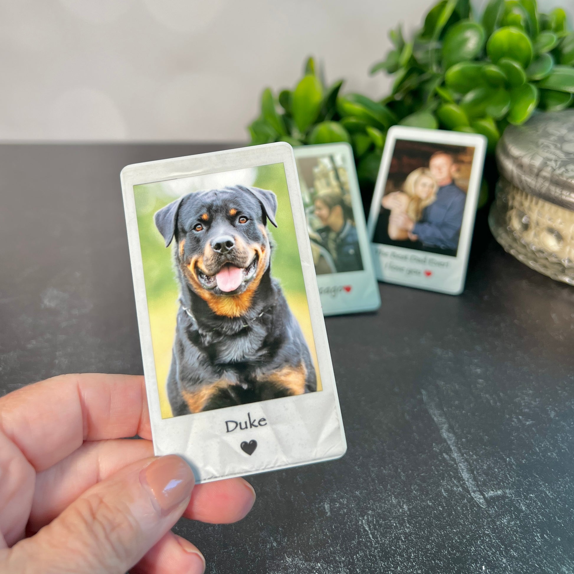 Personalized Polaroid-style metal wallet card with custom photo and message, made in South Carolina
