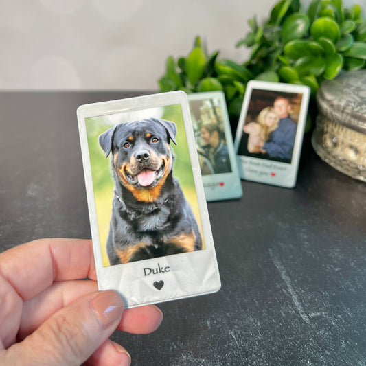 Personalized Polaroid-style metal wallet card with custom photo and message, made in South Carolina