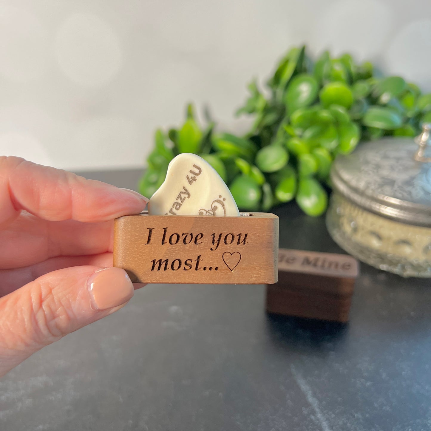 Custom Bone Guitar Pick – Heart-Shaped with Leather Pouch or Wood Box