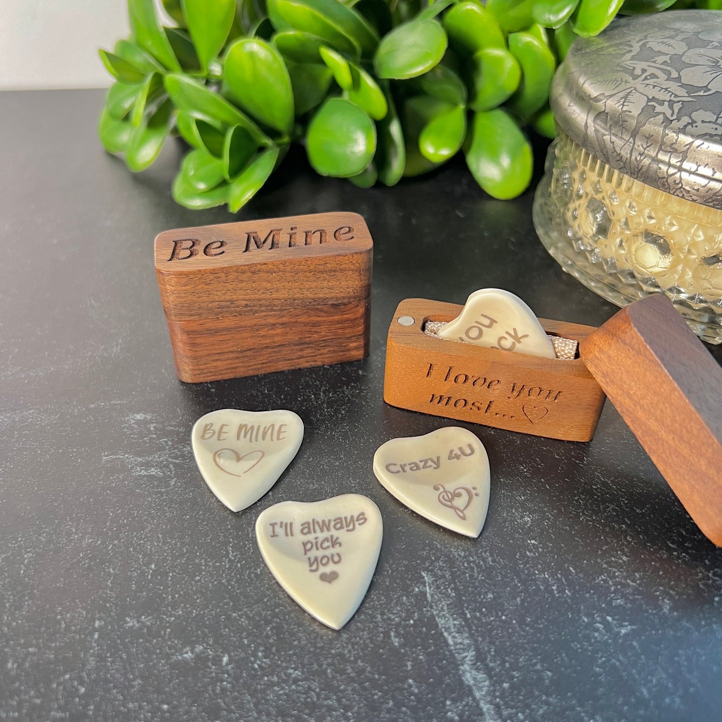 Custom Bone Guitar Pick – Heart-Shaped with Leather Pouch or Wood Box