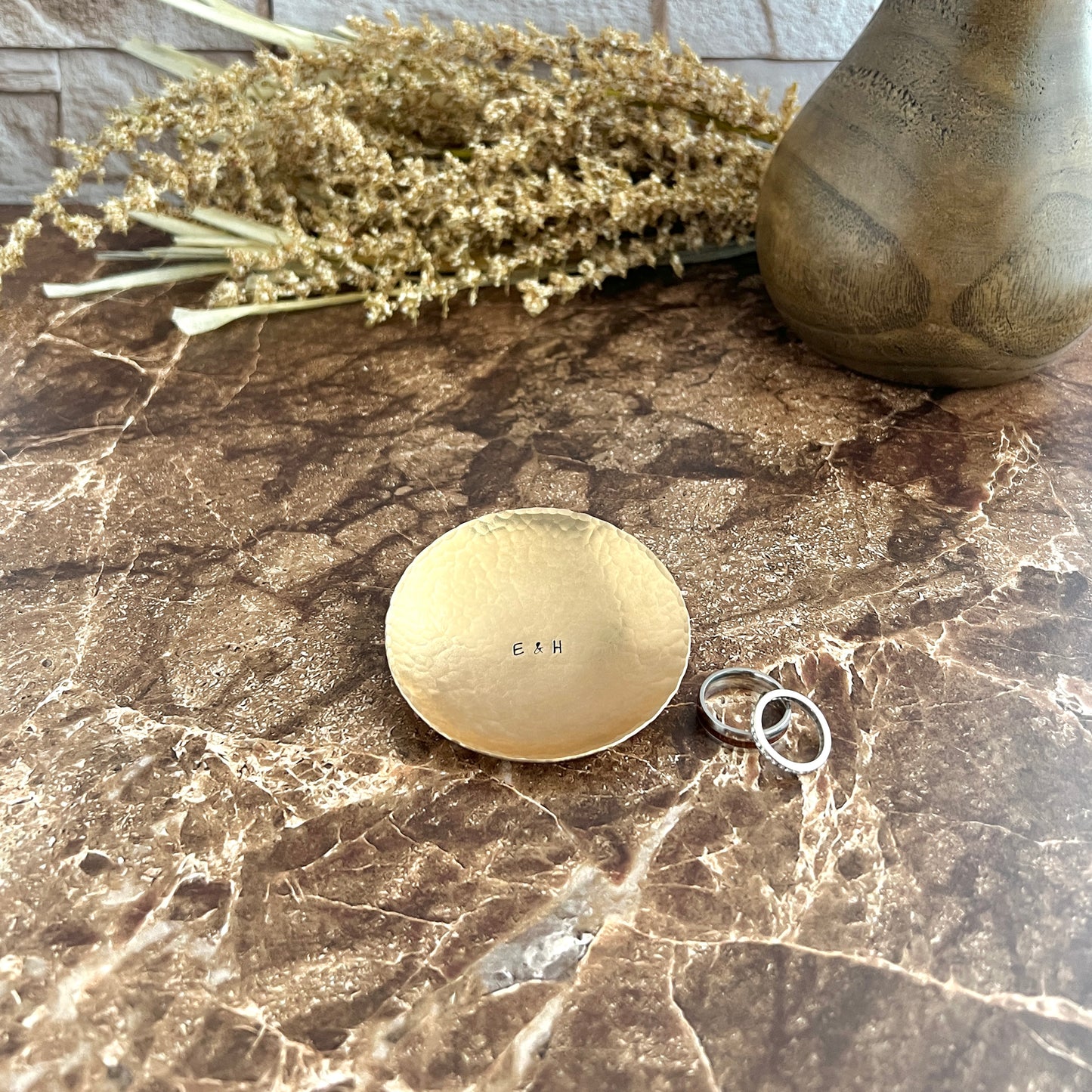 Personalized Bronze Ring Dish - Round, Hammered & Custom Stamped