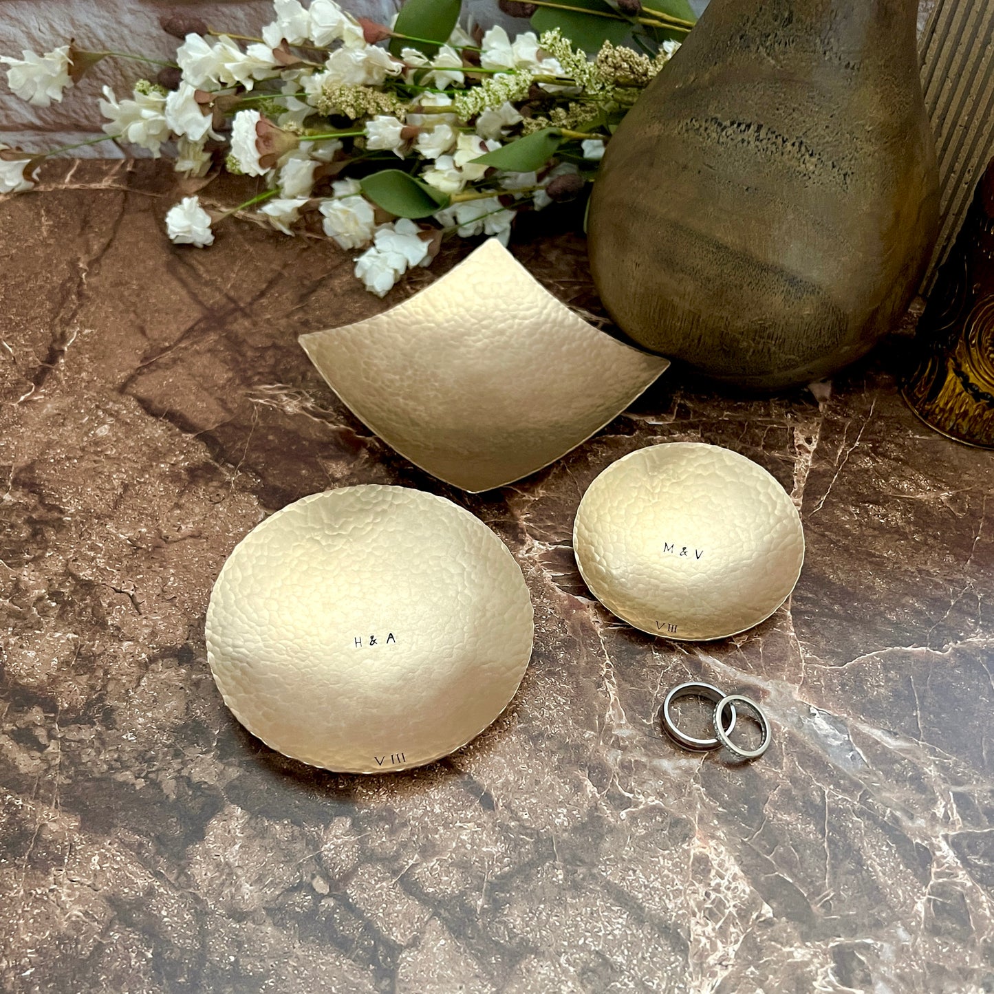 Personalized Bronze Ring Dish - Round, Hammered & Custom Stamped