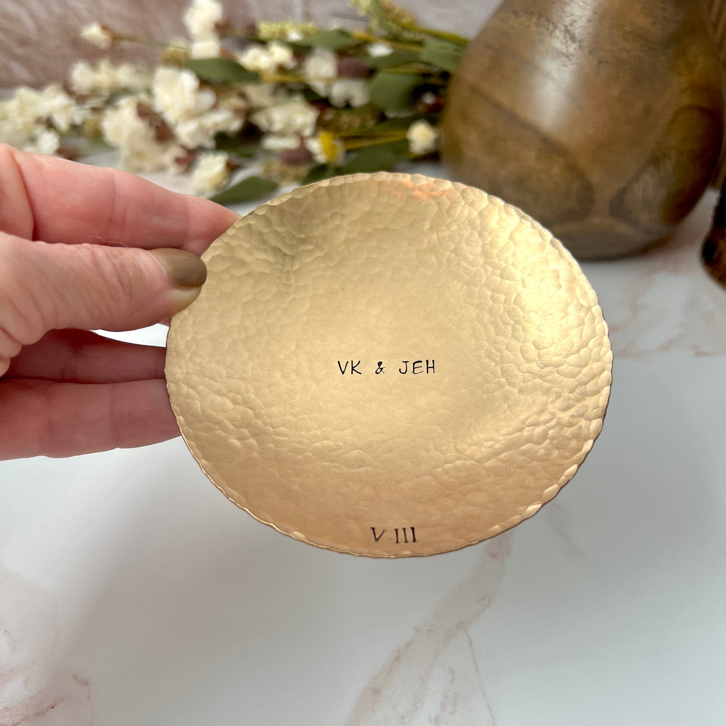 Personalized Bronze Ring Dish - Round, Hammered & Custom Stamped