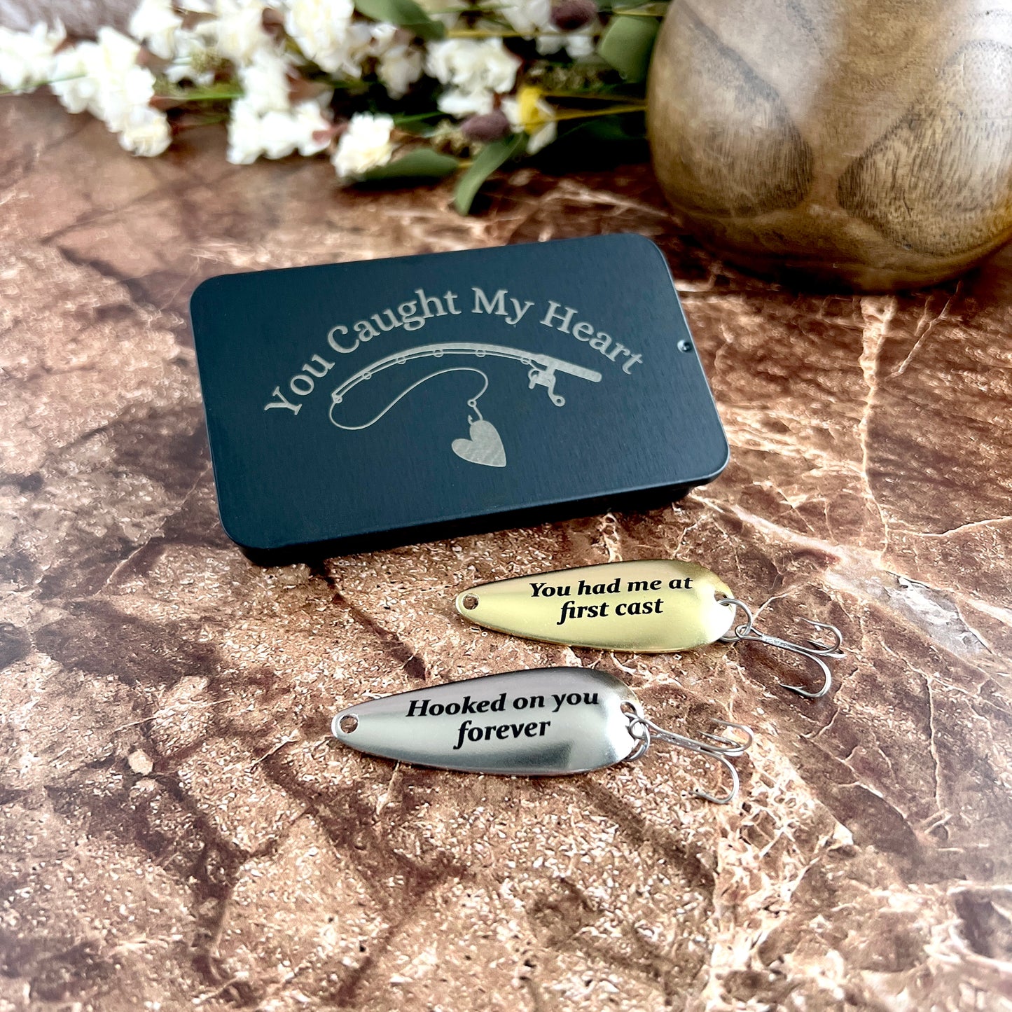 Custom engraved fishing lure anniversary gift set with brass and nickel lures in a You Caught My Heart keepsake tin,  handcrafted in the USA