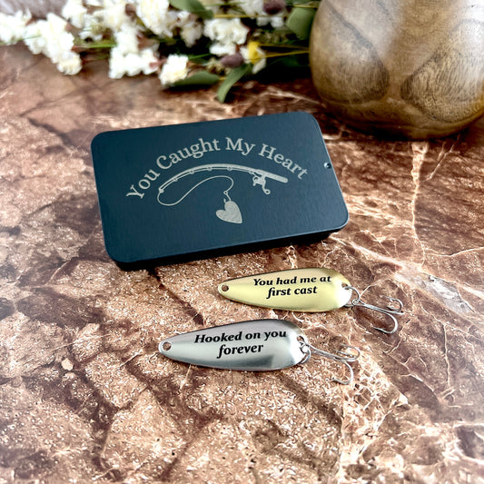 Custom engraved fishing lure anniversary gift set with brass and nickel lures in a You Caught My Heart keepsake tin,  handcrafted in the USA
