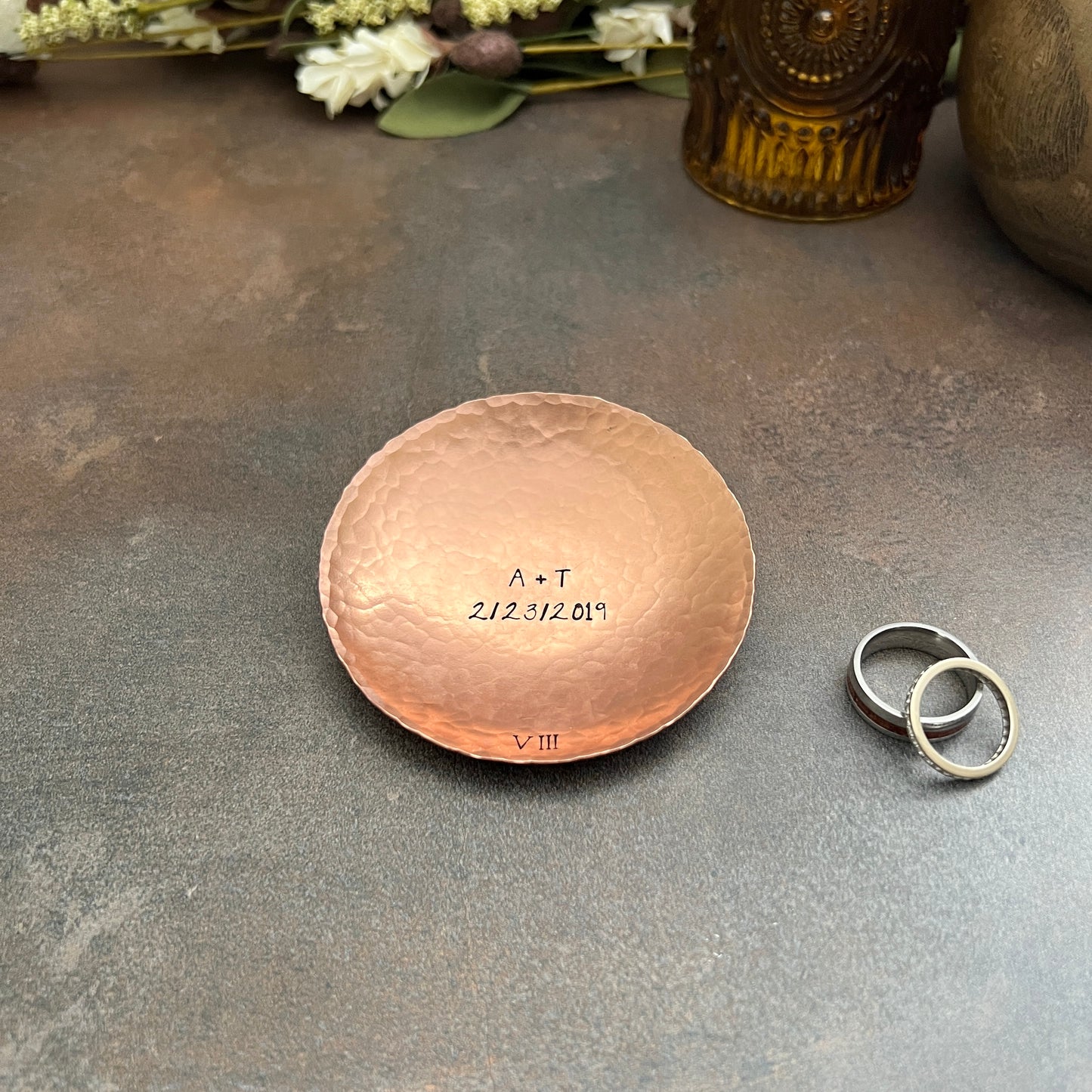 Personalized Copper Ring Dish - Round, Hammered & Custom Stamped