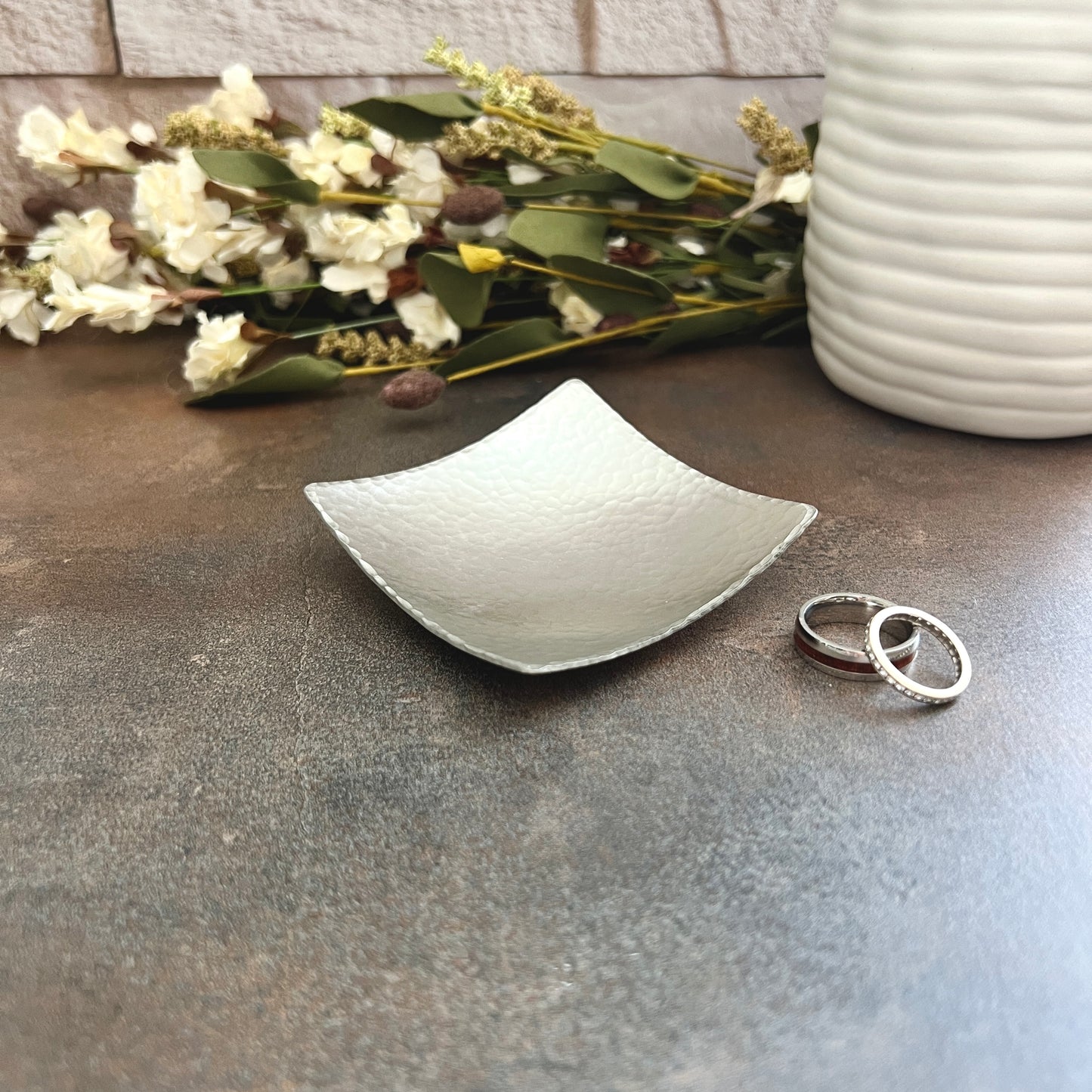 Square Pewter Ring Dish - Hammered & Custom Stamped