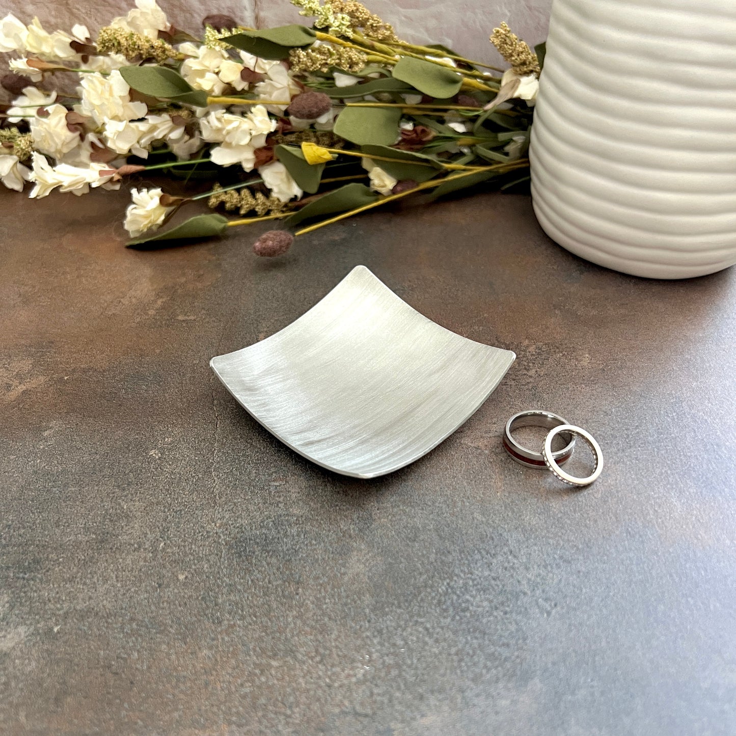 Handcrafted 3 inch square pewter ring dish with smooth brushed finish, made in South Carolina