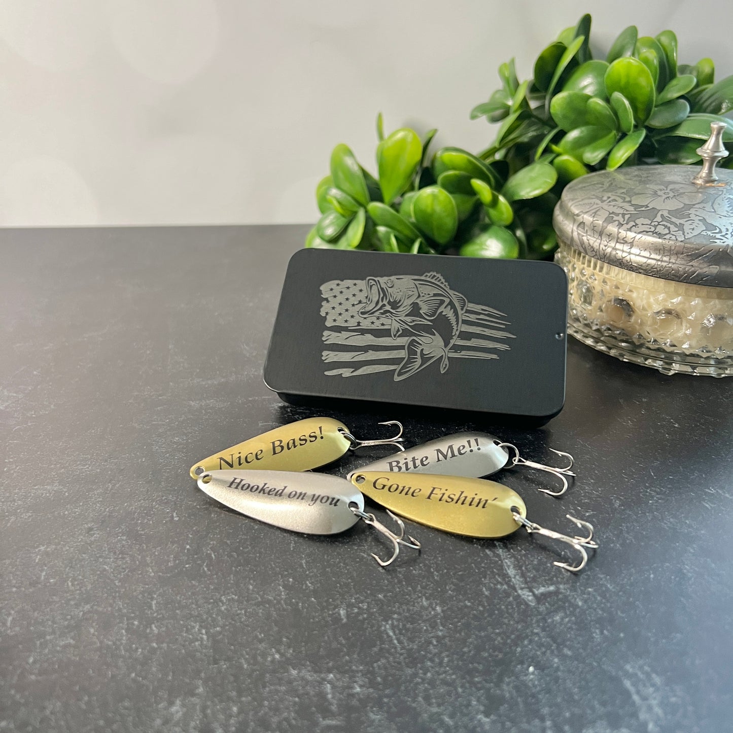 Custom Fishing Lure Gift Set - Engraved Lures with Keepsake Tin
