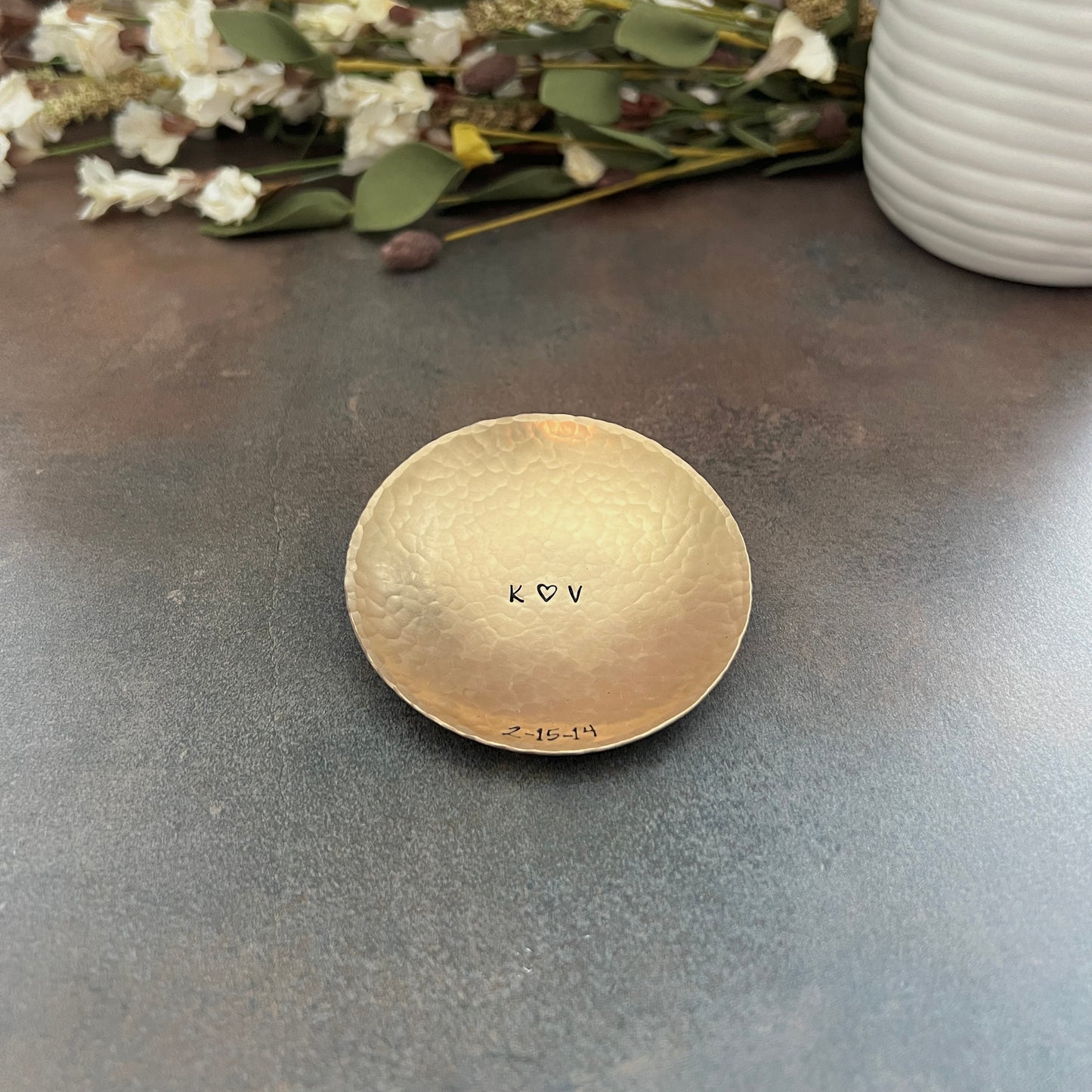 Personalized Bronze Ring Dish - Round, Hammered & Custom Stamped