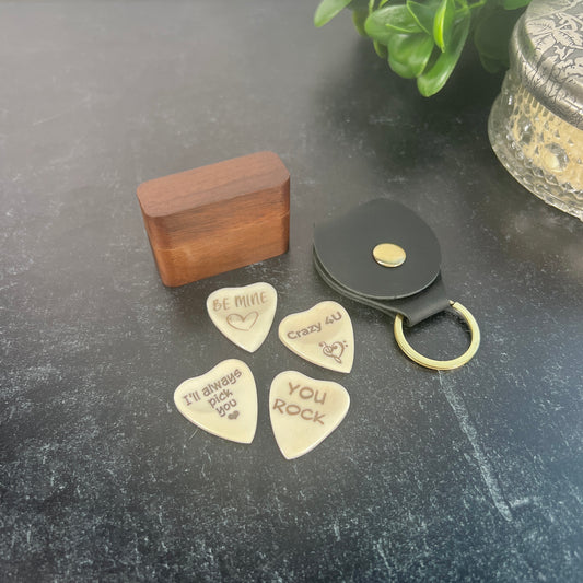 Custom Bone Guitar Pick – Heart-Shaped with Leather Pouch or Wood Box