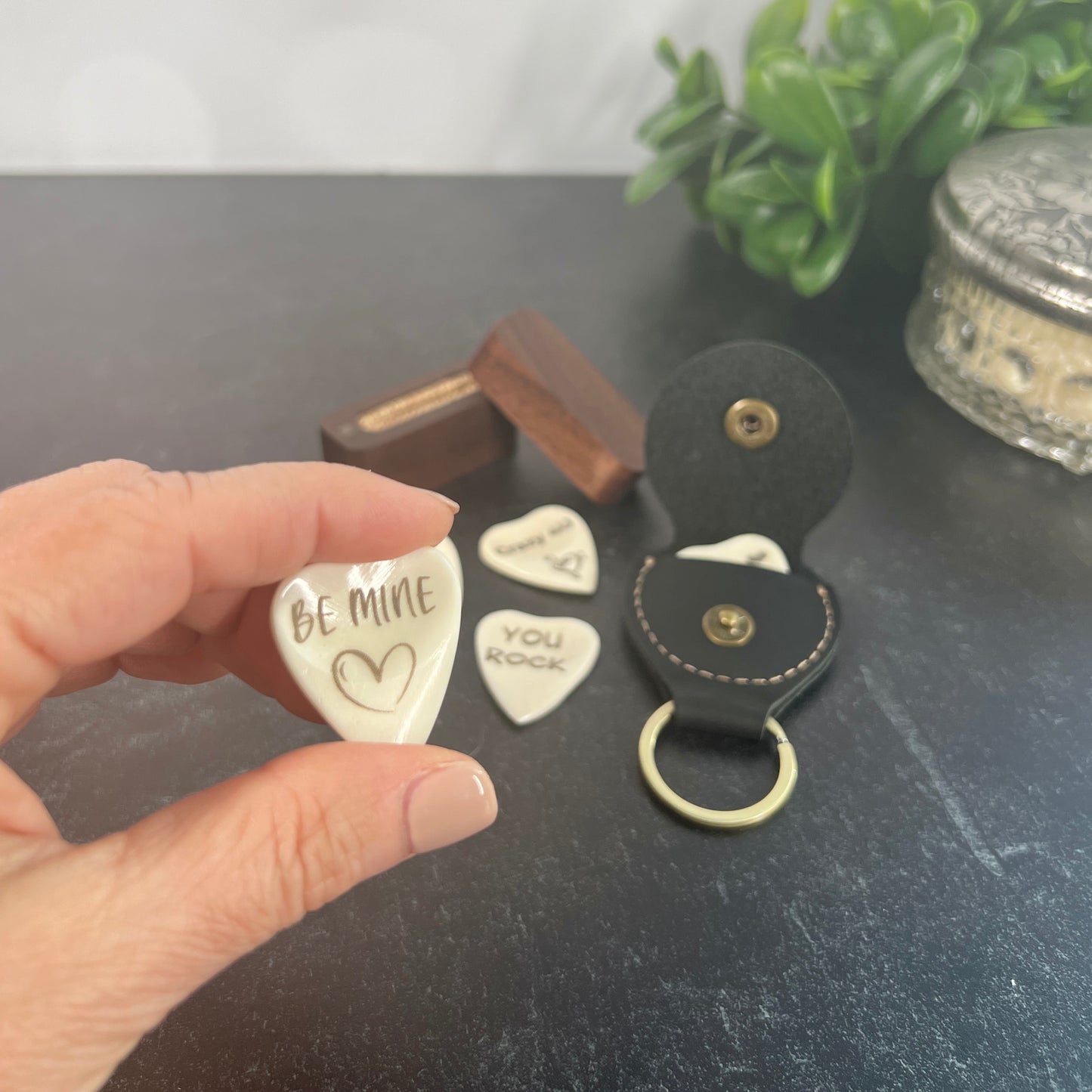 Custom Bone Guitar Pick – Heart-Shaped with Leather Pouch or Wood Box