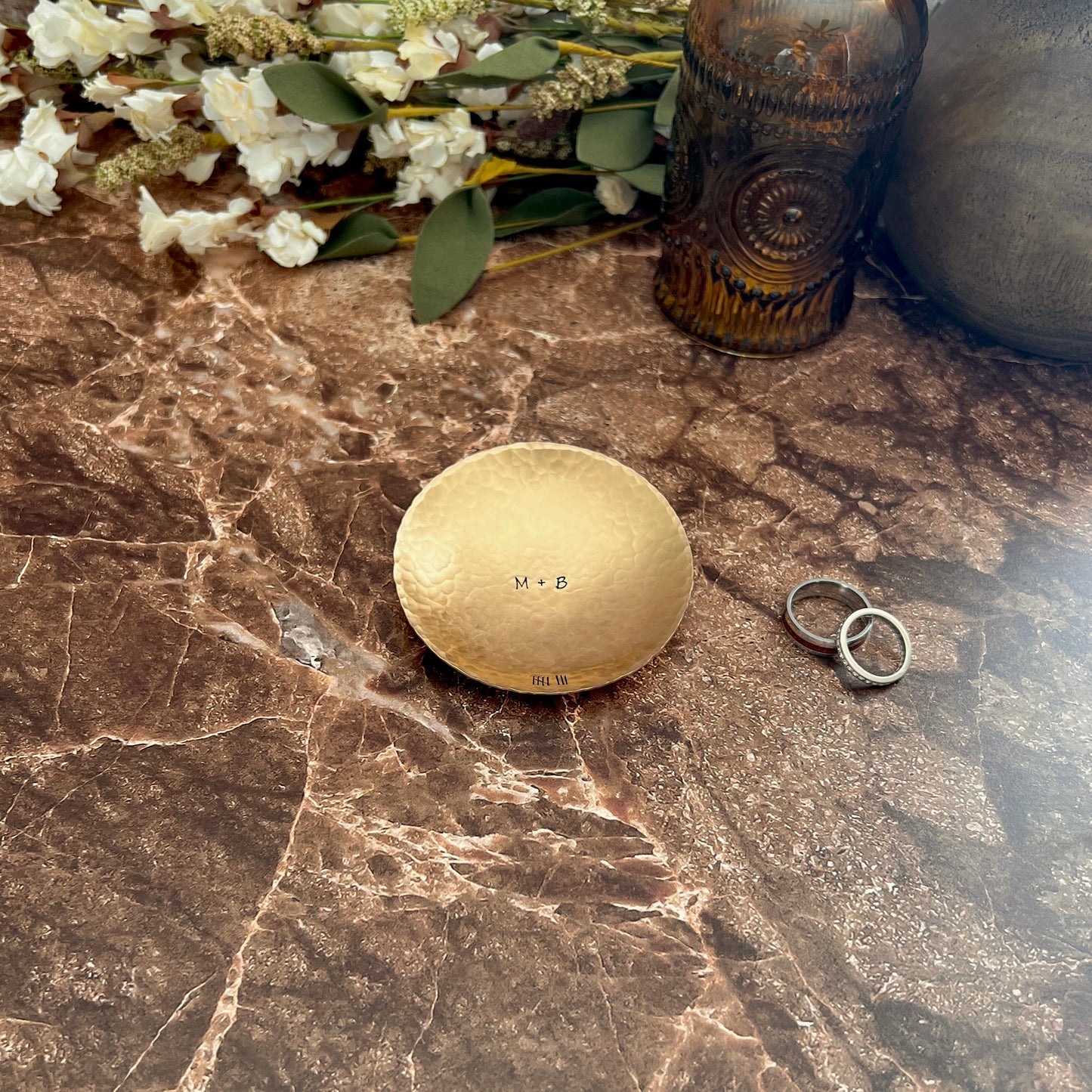 Personalized Bronze Ring Dish - Round, Hammered & Custom Stamped