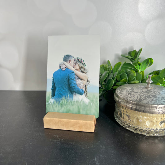 Custom 4x6 color metal photo plate displayed on a handcrafted maple wood stand, made in South Carolina