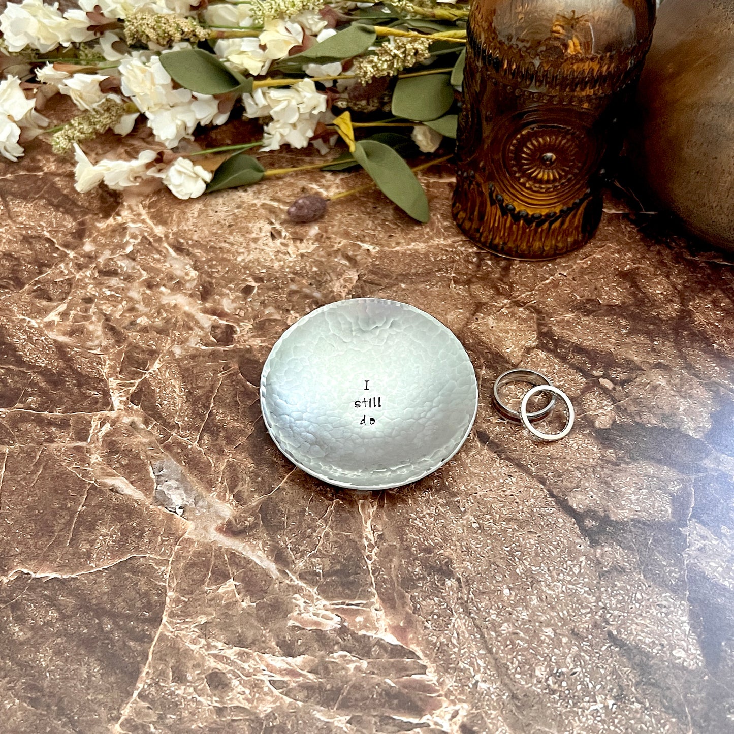 Personalized Pewter Ring Dish - Round, Hammered & Custom Stamped