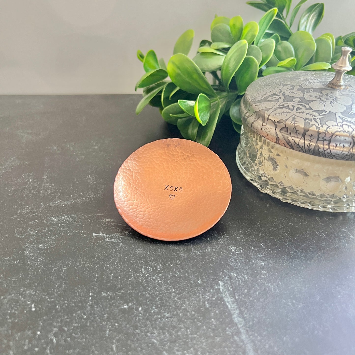 Round Copper Ring Dish – Hand Stamped Custom Message