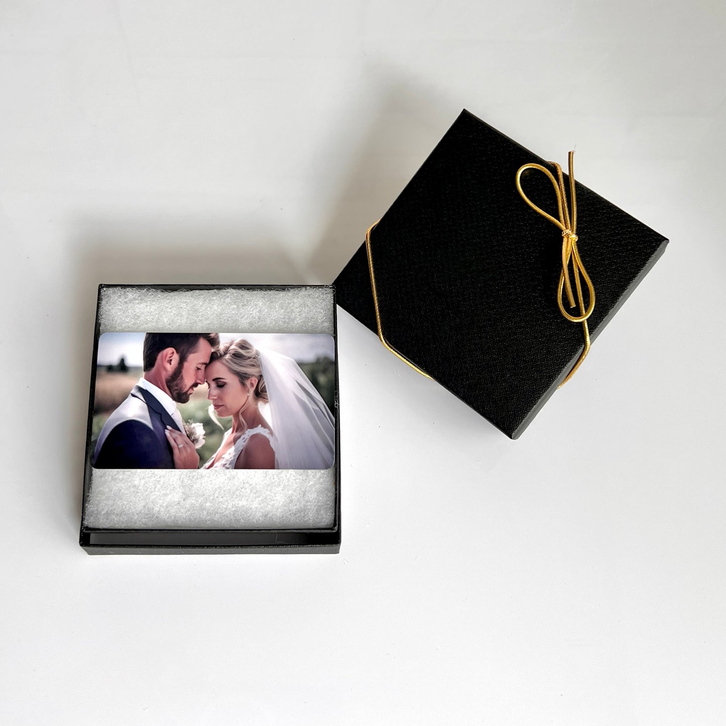 Textured Black Gift Box, Gold Cord Bow & Cotton Insert