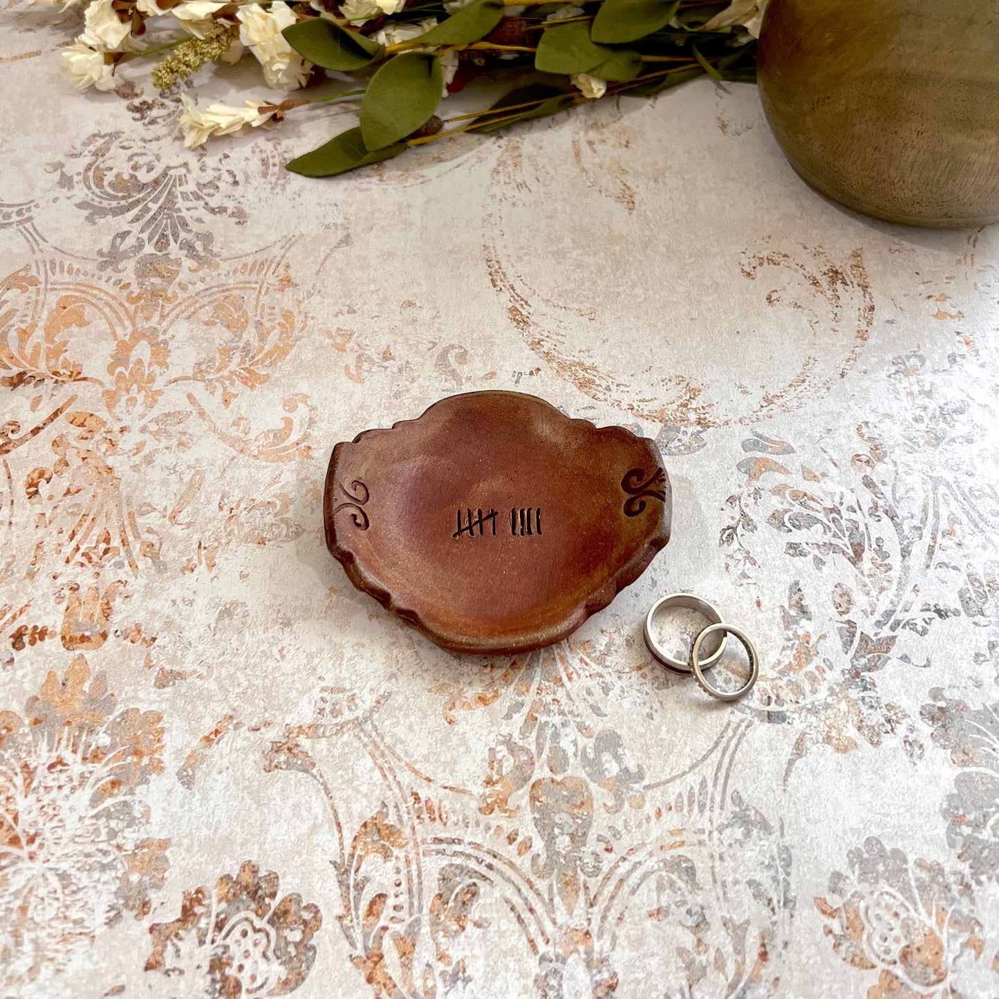 9th Anniversary Pottery Ring Dish - 9 Tally Marks Handcrafted Keepsake