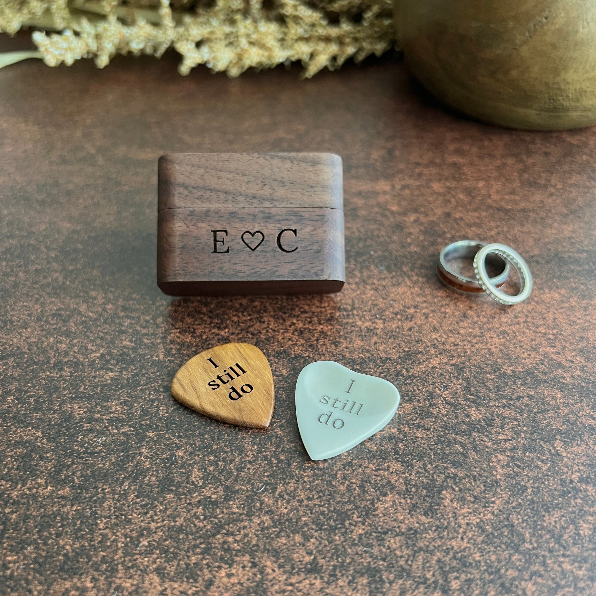 I still do guitar pick in heart-shaped bone and maple wood with magnetic wood box engraved with initials and heart