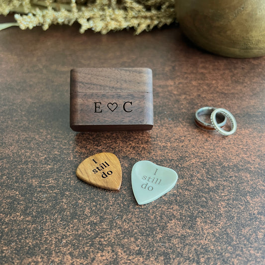 I still do guitar pick in heart-shaped bone and maple wood with magnetic wood box engraved with initials and heart