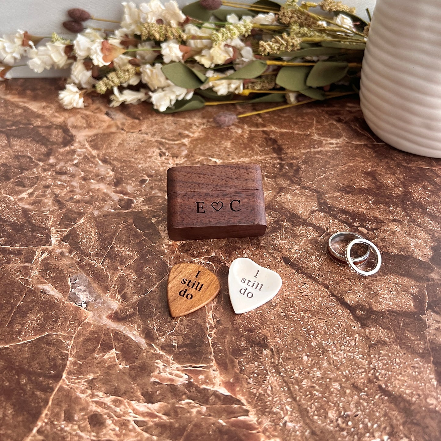 "I still do" Guitar Pick & Engraved Wood Box - Anniversary Keepsake