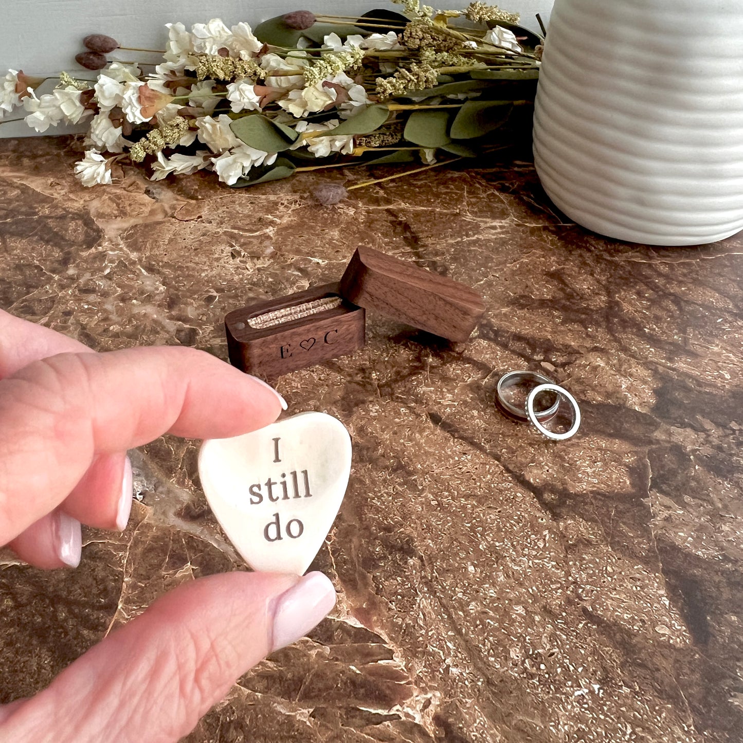 "I still do" Guitar Pick & Engraved Wood Box - Anniversary Keepsake