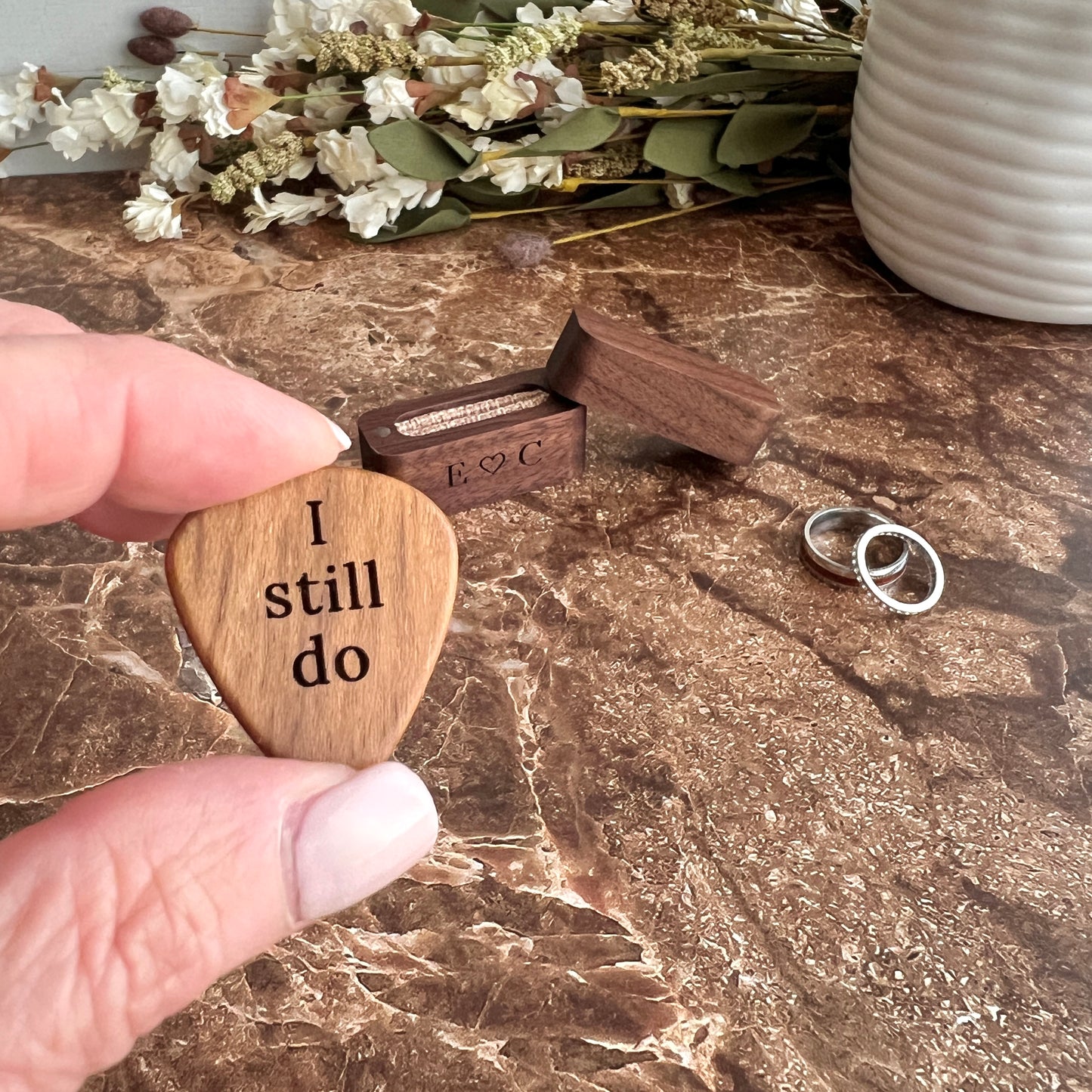 "I still do" Guitar Pick & Engraved Wood Box - Anniversary Keepsake