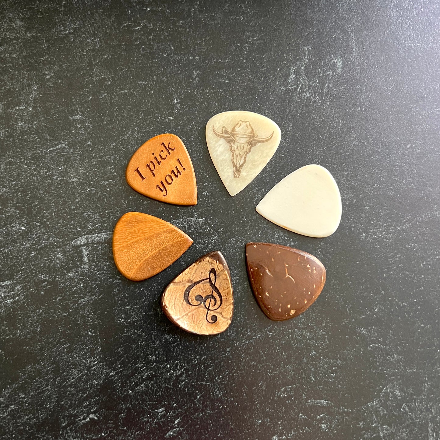 Custom Engraved Wood or Bone Guitar Pick