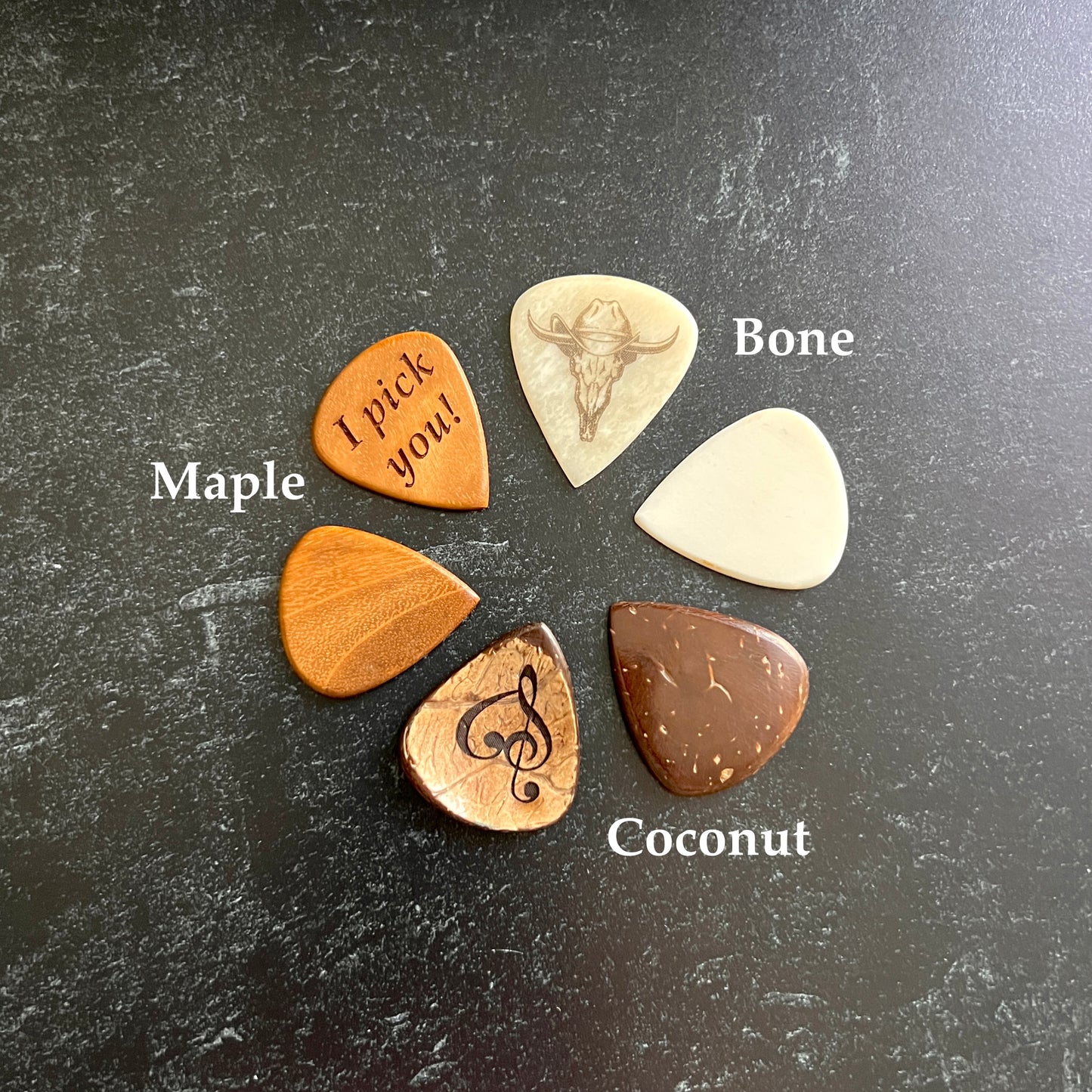 Custom Engraved Wood or Bone Guitar Pick