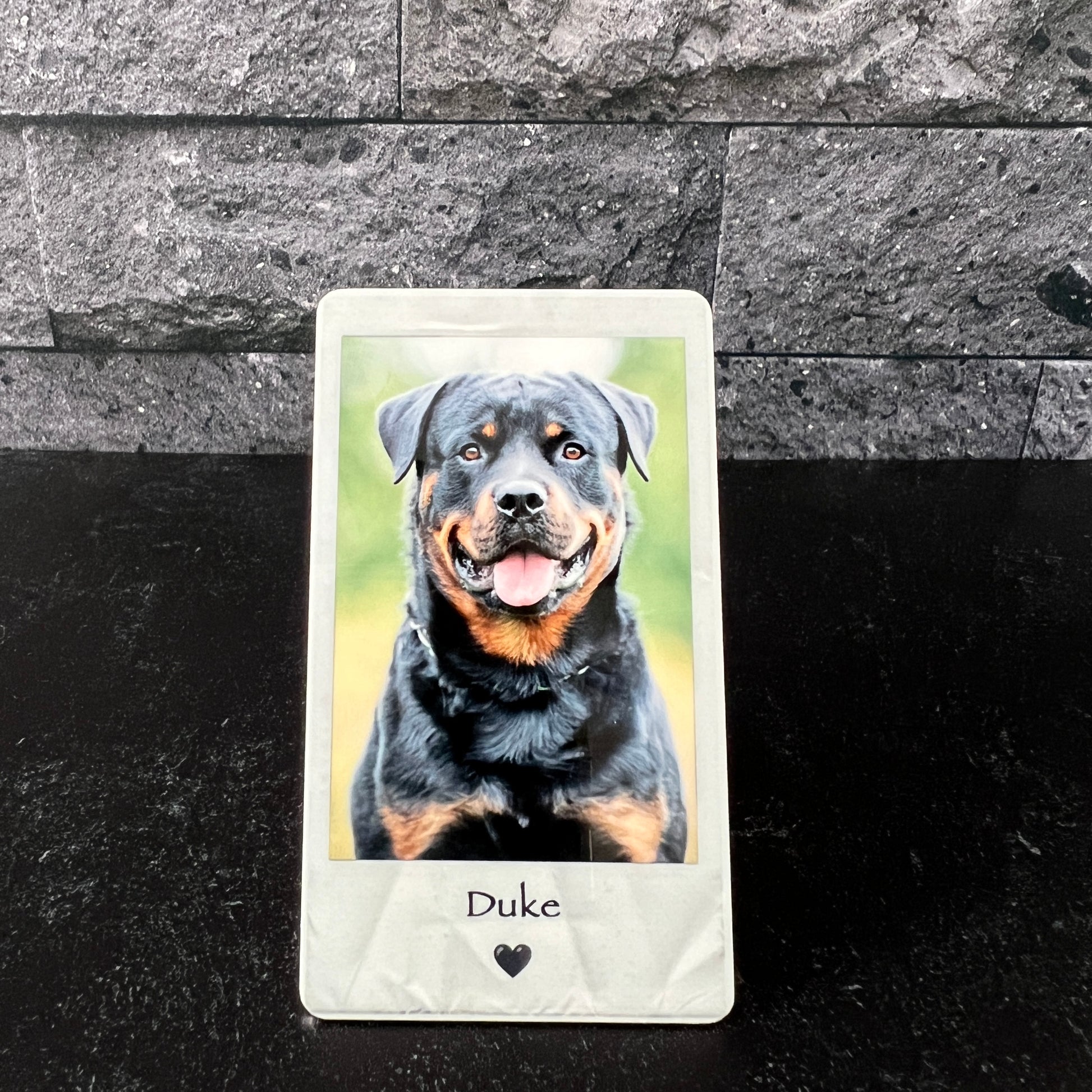 Color Photo Metal Polaroid Style Wallet Insert Card. Card shows pet dog photo on a metal card with the dog's name "Duke" under the photo with a black heart below his name.