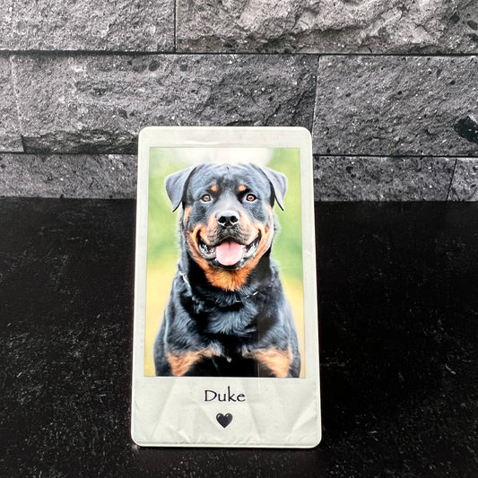Color Photo Metal Polaroid Style Wallet Insert Card. Card shows pet dog photo on a metal card with the dog's name "Duke" under the photo with a black heart below his name.