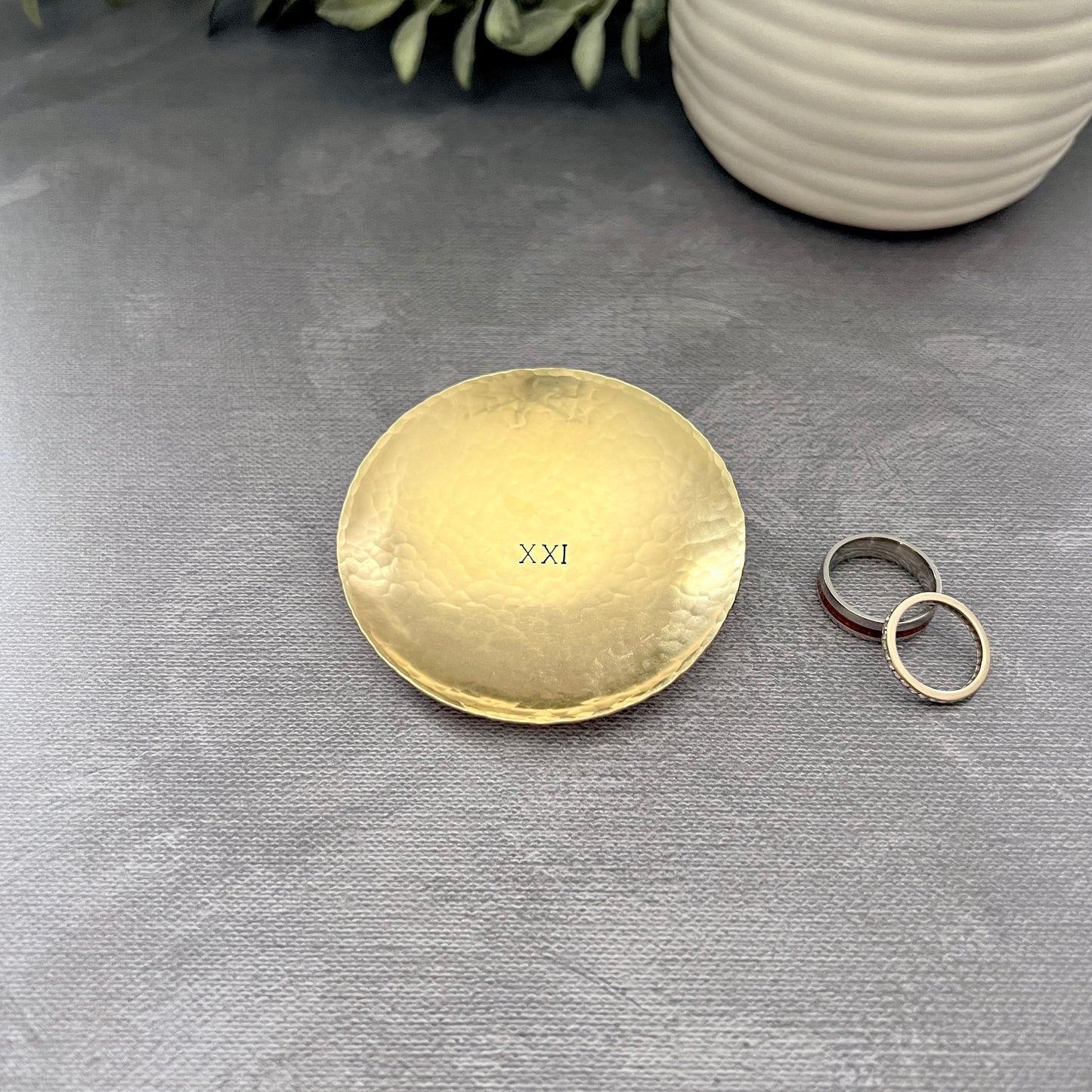 Personalized Brass Ring Dish - Round, Hammered & Custom Stamped