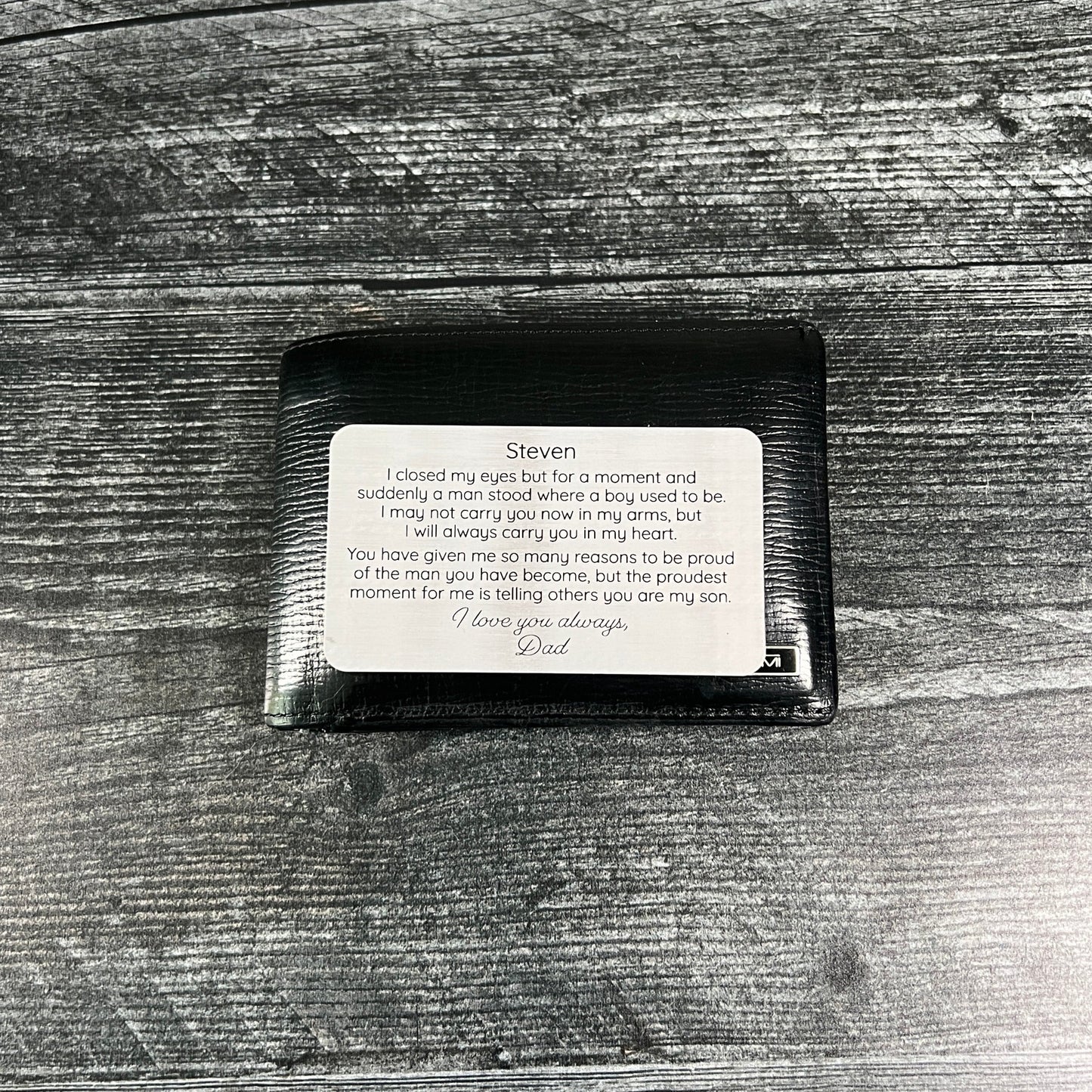 Custom Metal Wallet Card for Son with Leather Gift Pouch