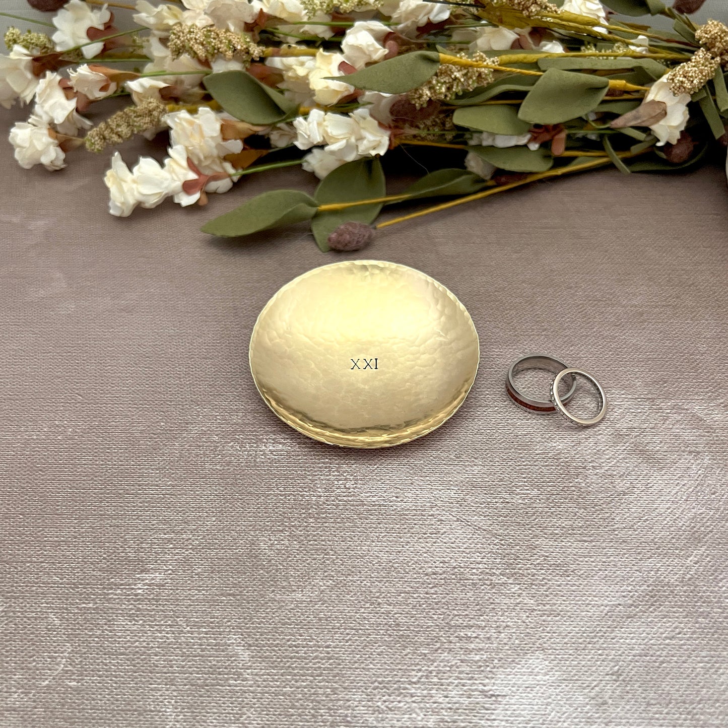 Personalized Brass Ring Dish - Round, Hammered & Custom Stamped