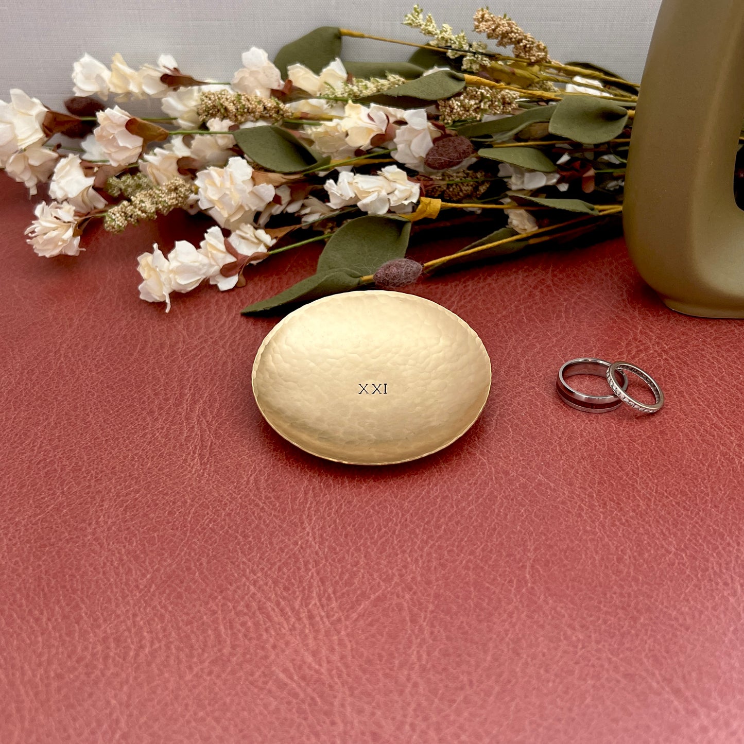 Personalized Brass Ring Dish - Round, Hammered & Custom Stamped