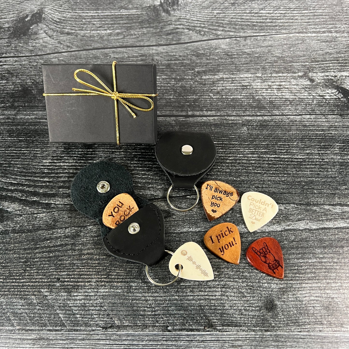 Custom Bone Guitar Pick on Leather Keychain Pouch with Second Engraved Pick